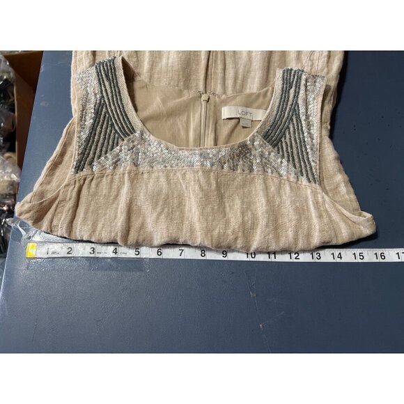 Loft Womens Linen Blend Dress Sz 4 Sleeveless Beige Romper Sequin Vacation - Picture 4 of 11